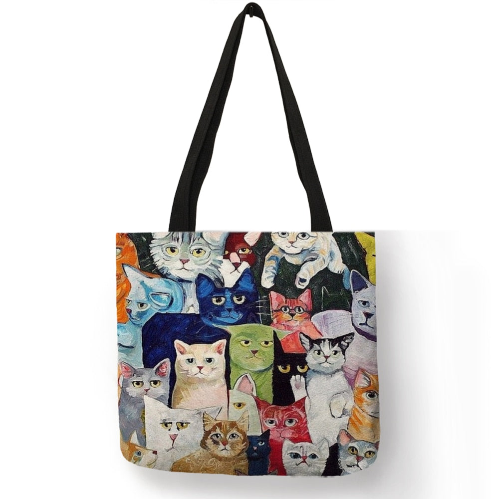 Anime Cat Print Linen Handbags